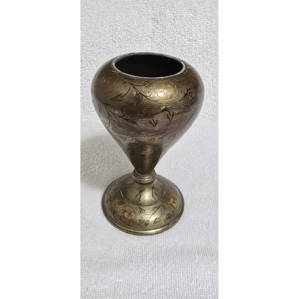 Vintage Hand Etched Solid Brass Pedestal Bud Vase Peacock Floral India 5" MCM